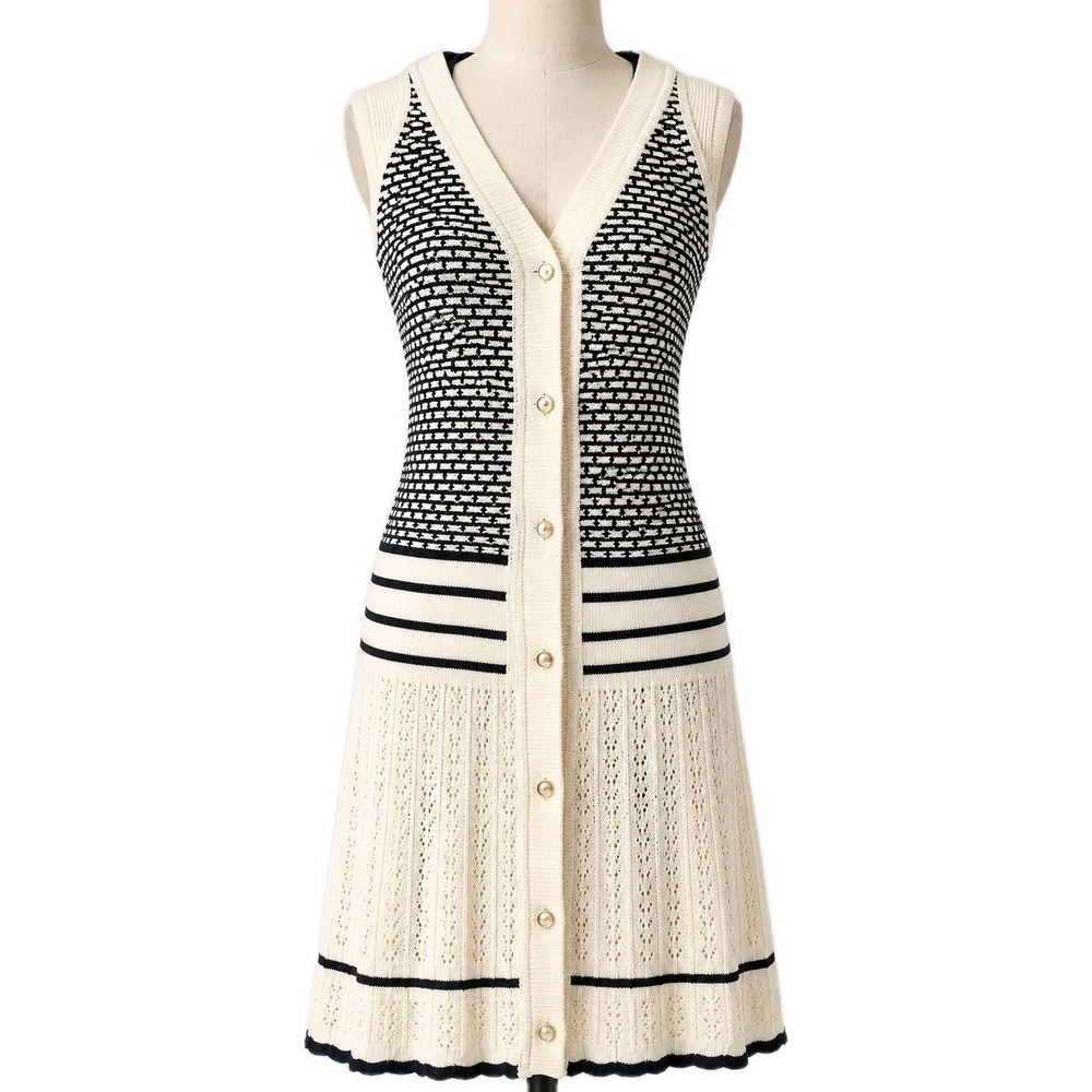 Anthropologie Lia Molly New Orleans Hooded Sweater Vest Dress In Cream Navy Sz M